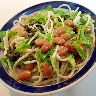 納豆と水菜ともみ海苔の混ぜ素麺♬